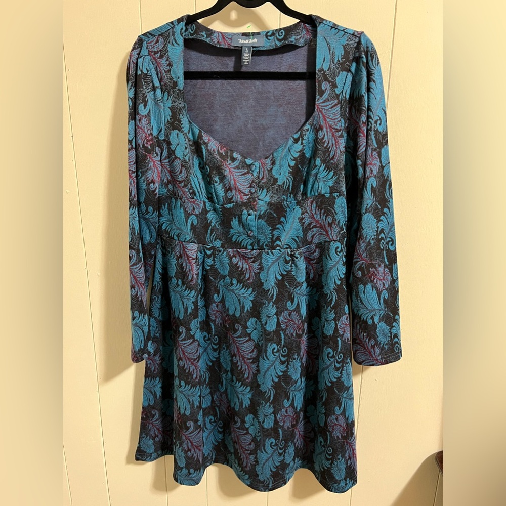 ModCloth size large teal leaves long sleeve button dress retro vintage NWT
